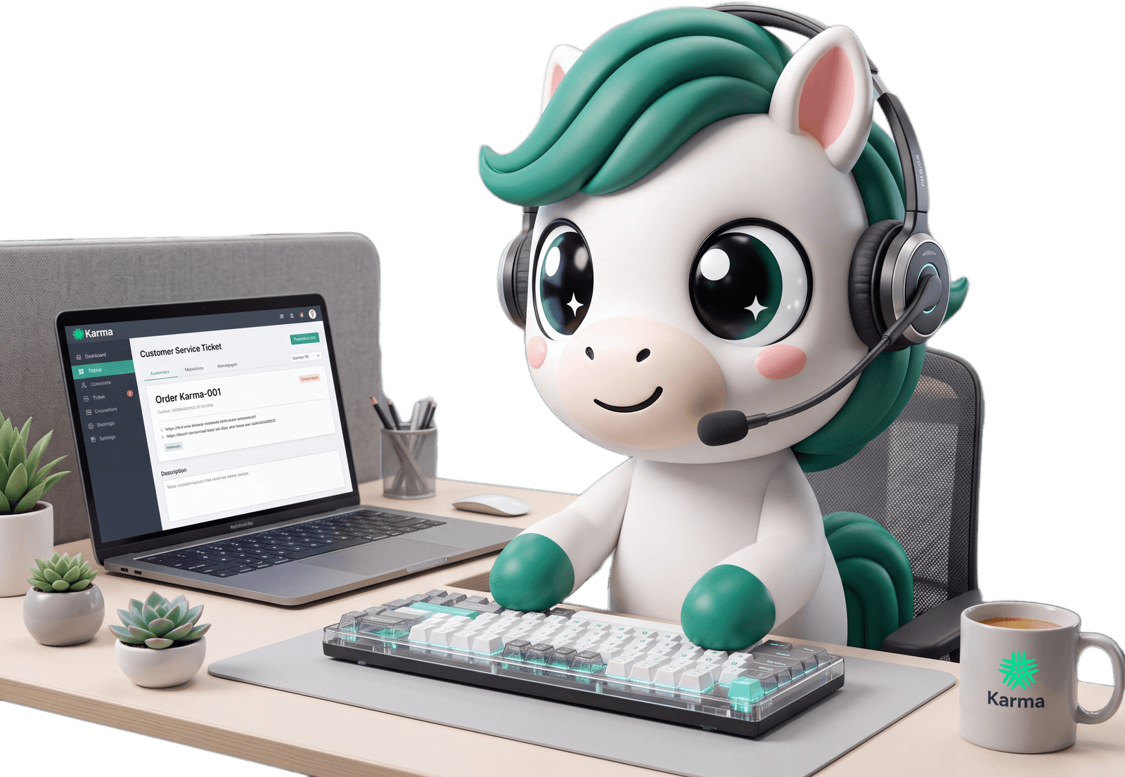 Karma mascot wearing a headset, ready to help