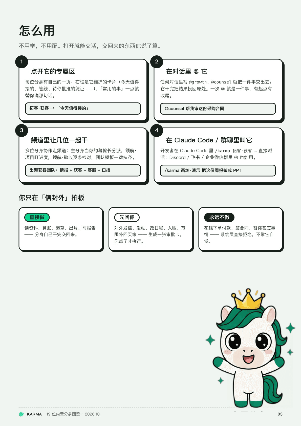 产品图鉴整页：怎么用，四种叫法的卡片，以及直接做、先问你、永远不做的三档权限区块