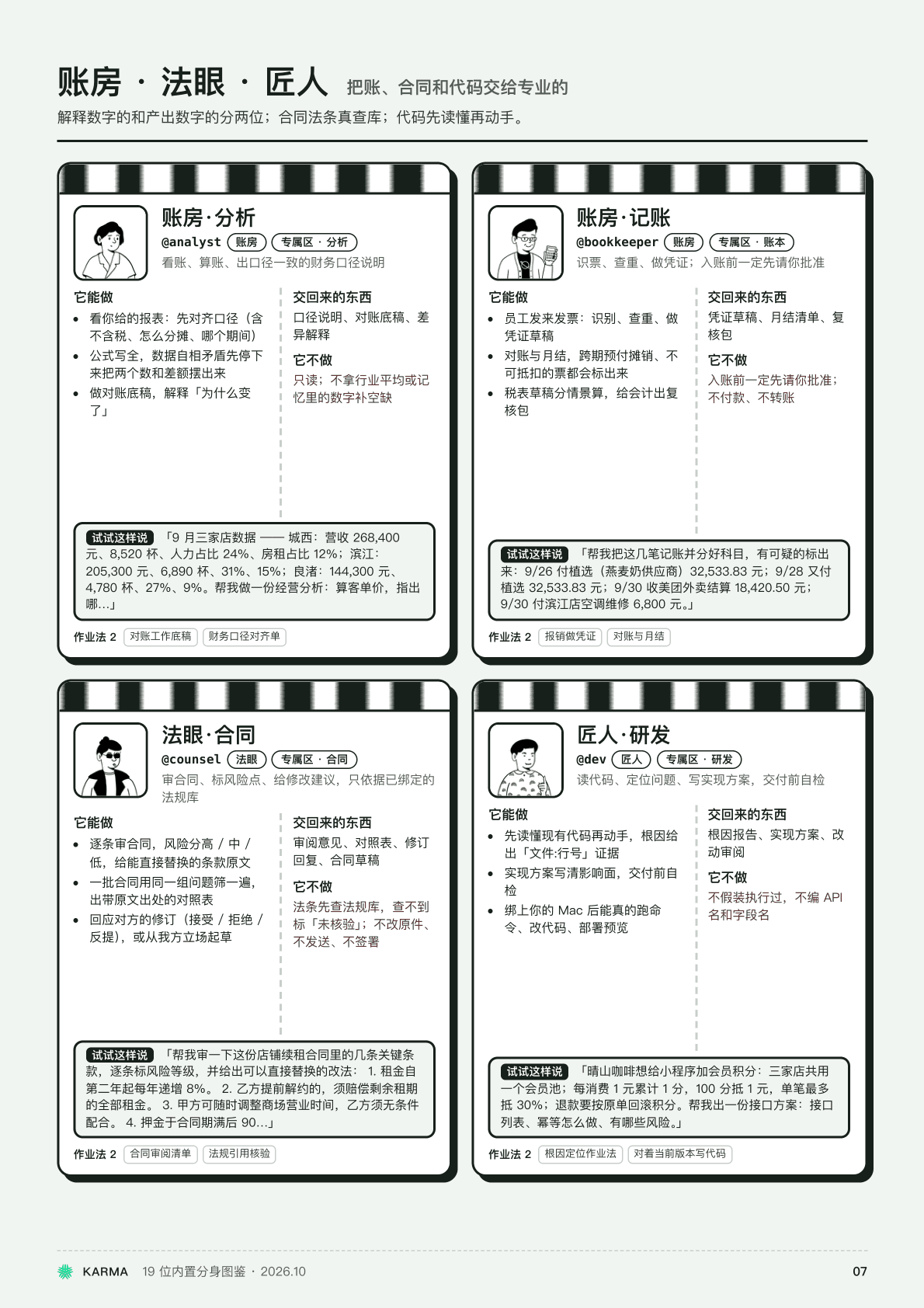 产品图鉴整页：账房·分析、记账与法眼·合同、匠人·研发四位分身的能做、交回来、不做与试试这样说