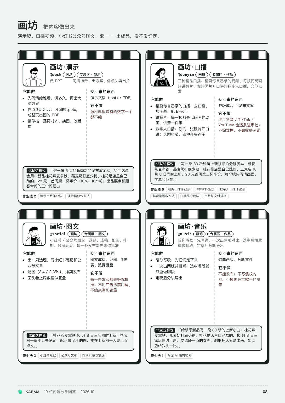 产品图鉴整页：画坊工种，演示、口播、图文、音乐四位分身的能做、交回来、不做与试试这样说