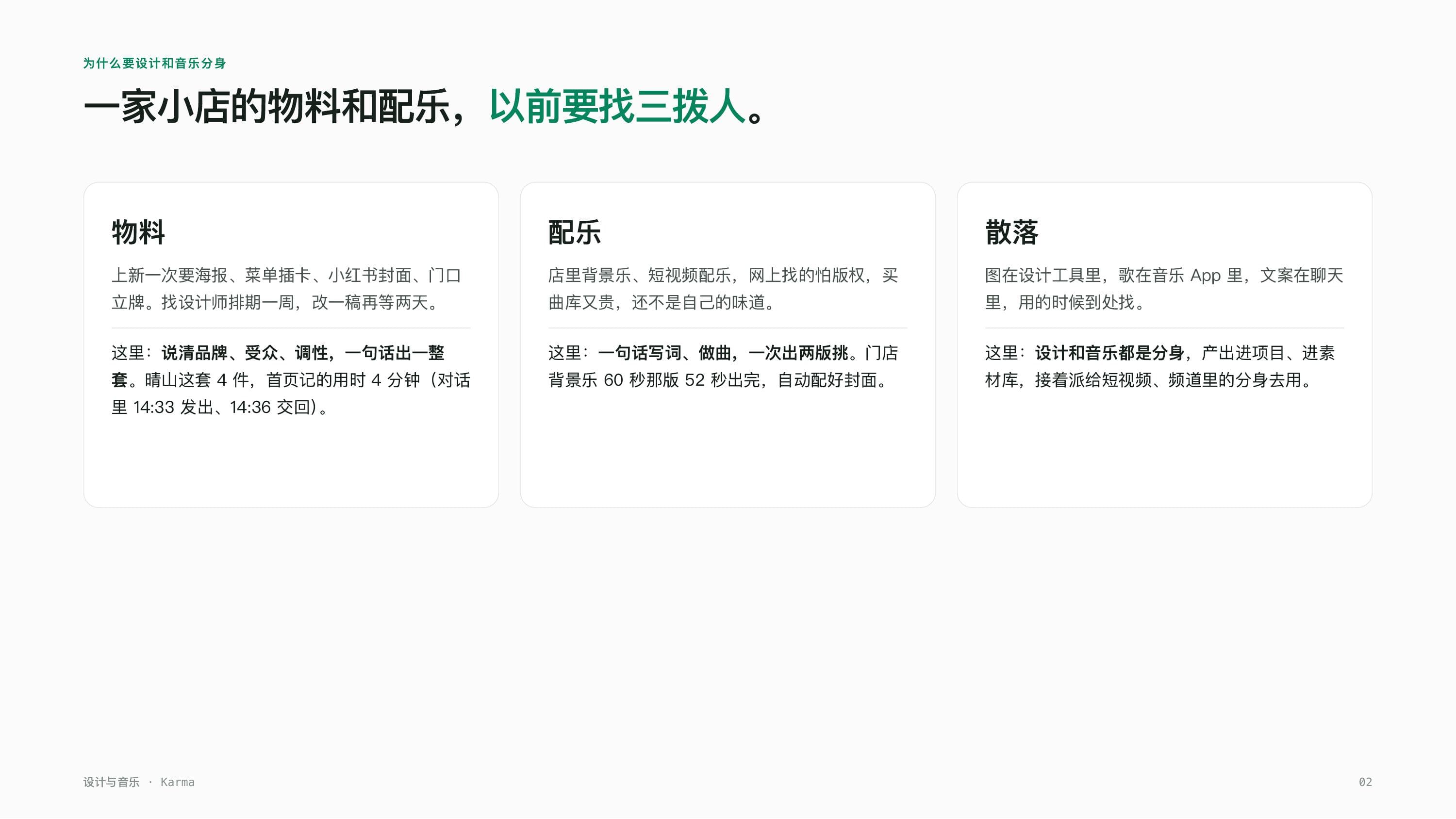 A product deck page: a small shop's materials and soundtrack used to take three different people — three cards covering materials, music, and scattered assets
