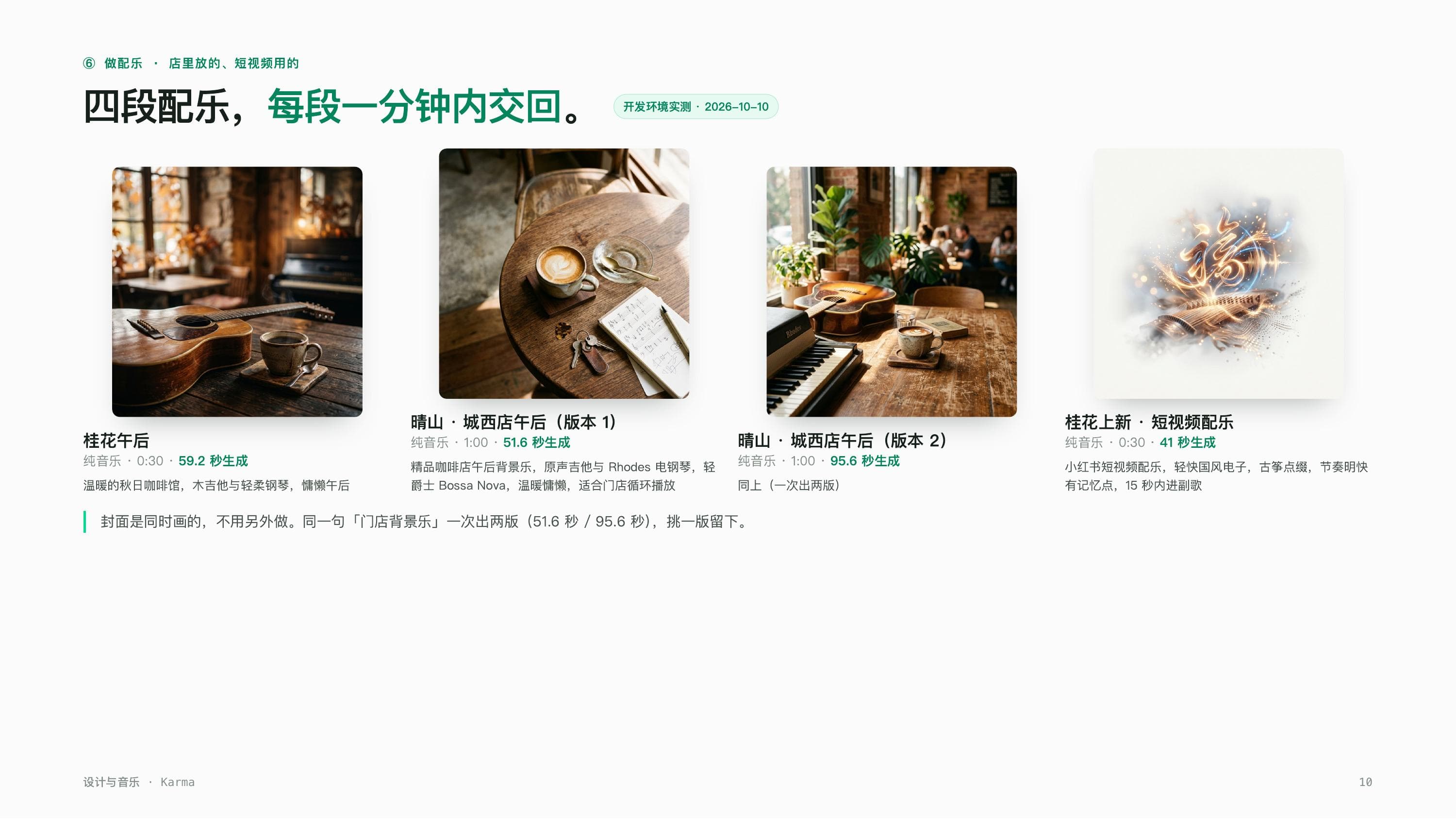 A product deck page: four instrumental music examples — Osmanthus Afternoon, two versions of Qingshan Chengxi Store Afternoon, and the Osmanthus Launch short-video score — each with its own cover art and generation time