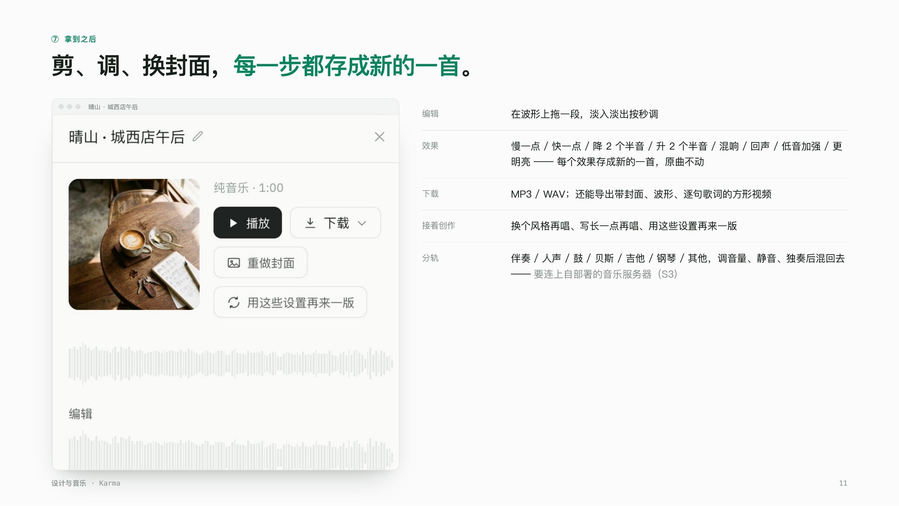 A product deck page: the song-editing interface — waveform editing, play/download, redo-cover, re-run-with-these-settings, plus explanations of effects and stem separation