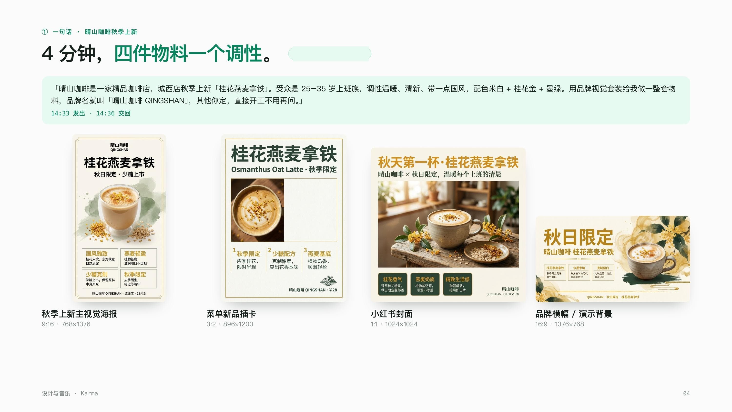 A product deck page: four finished pieces from the Qingshan Coffee autumn-launch example — key-visual poster, menu insert card, Xiaohongshu cover, and brand banner, all sharing the off-white, osmanthus-gold, deep-green palette