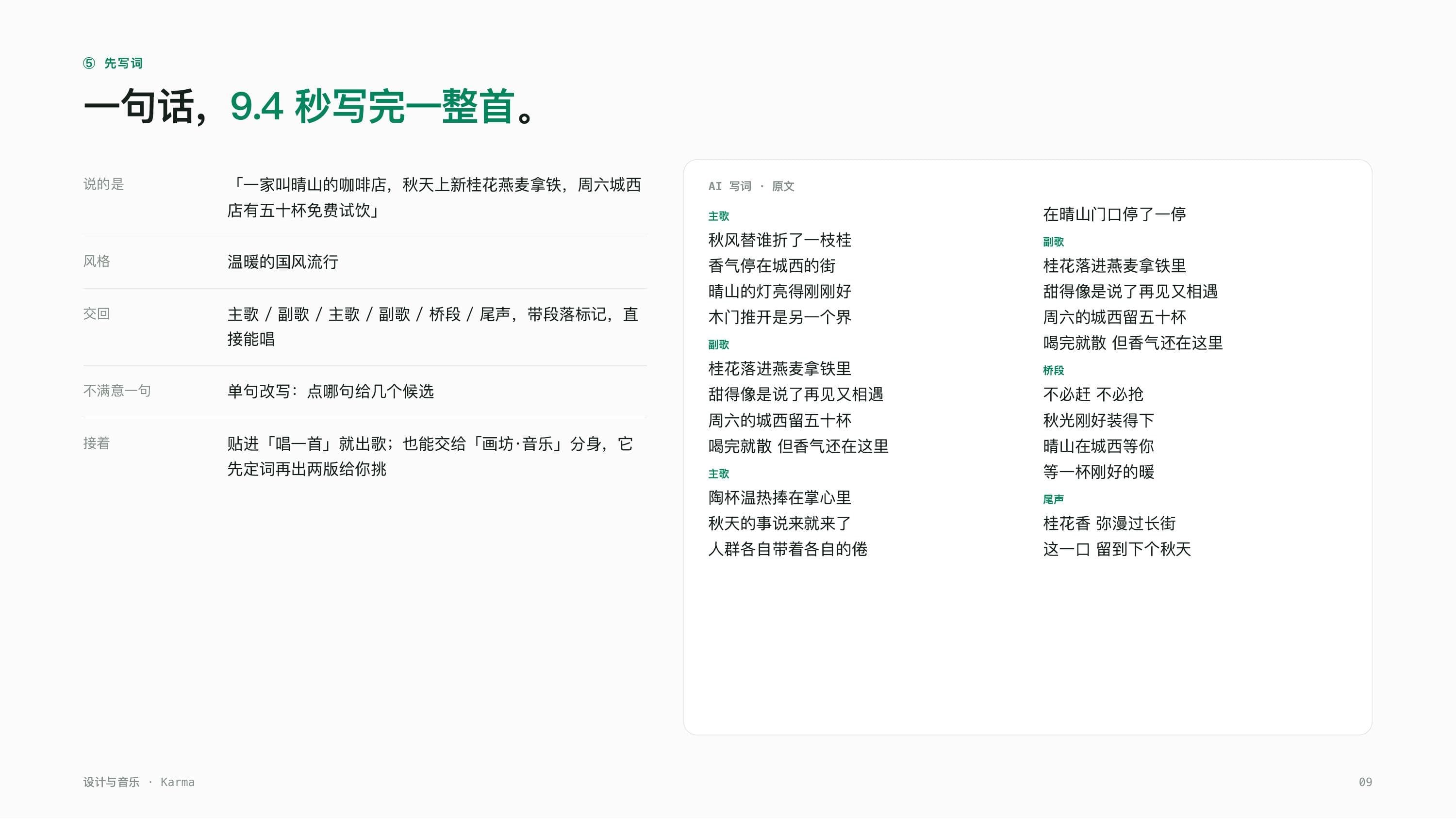A product deck page: the AI-written lyrics in full — verse, chorus, bridge, and outro for a song themed around Qingshan Coffee's osmanthus oat latte launch