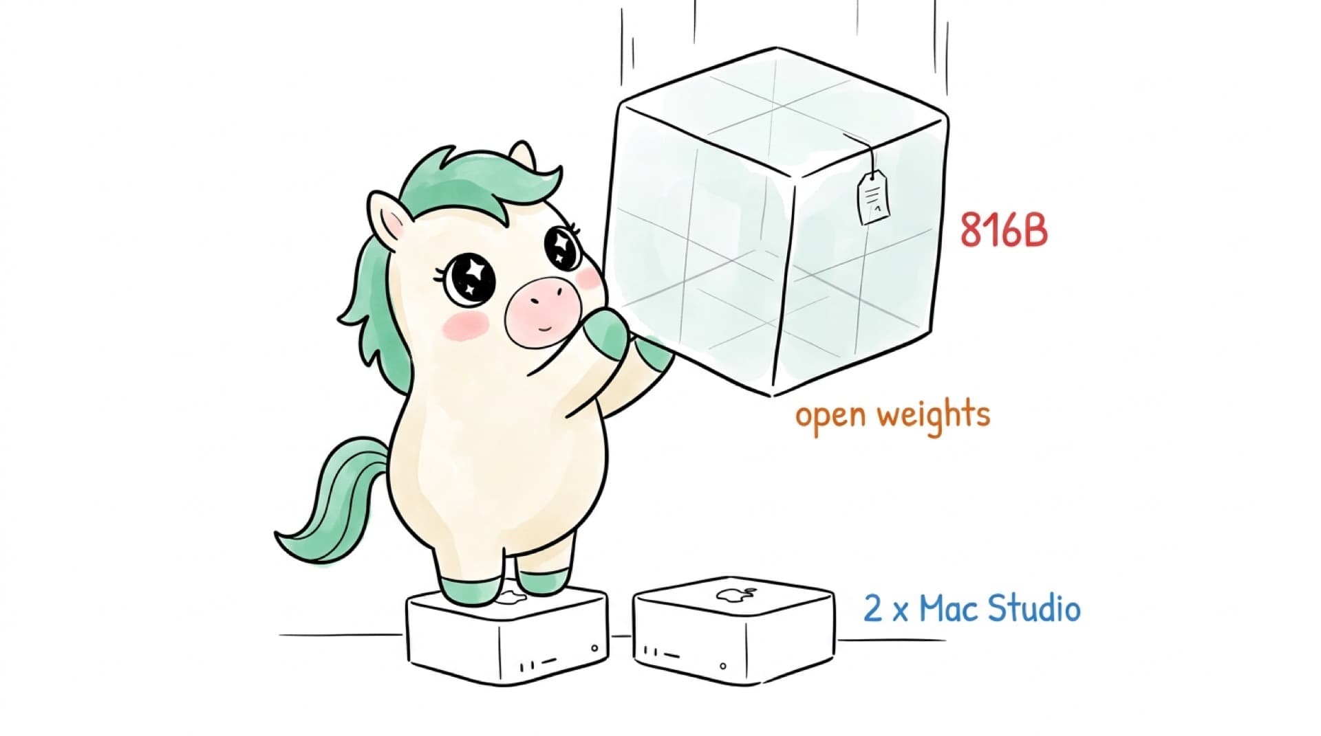 Illustration: the Karma mascot holding up a huge 816B parameter cube, with two desktop machines below