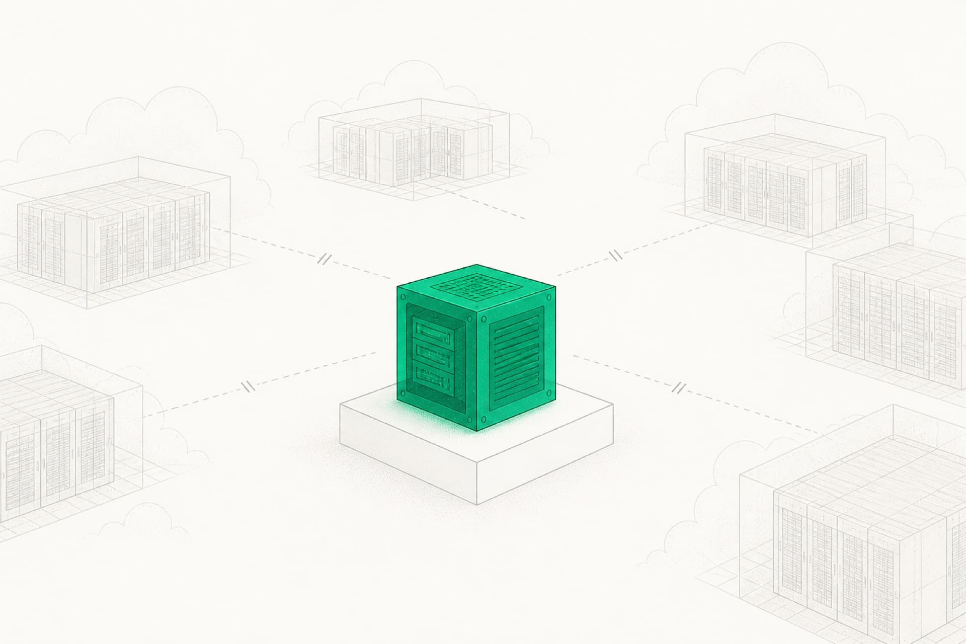 Illustration: two desktop machines with a transparent model-weight cube hovering above them