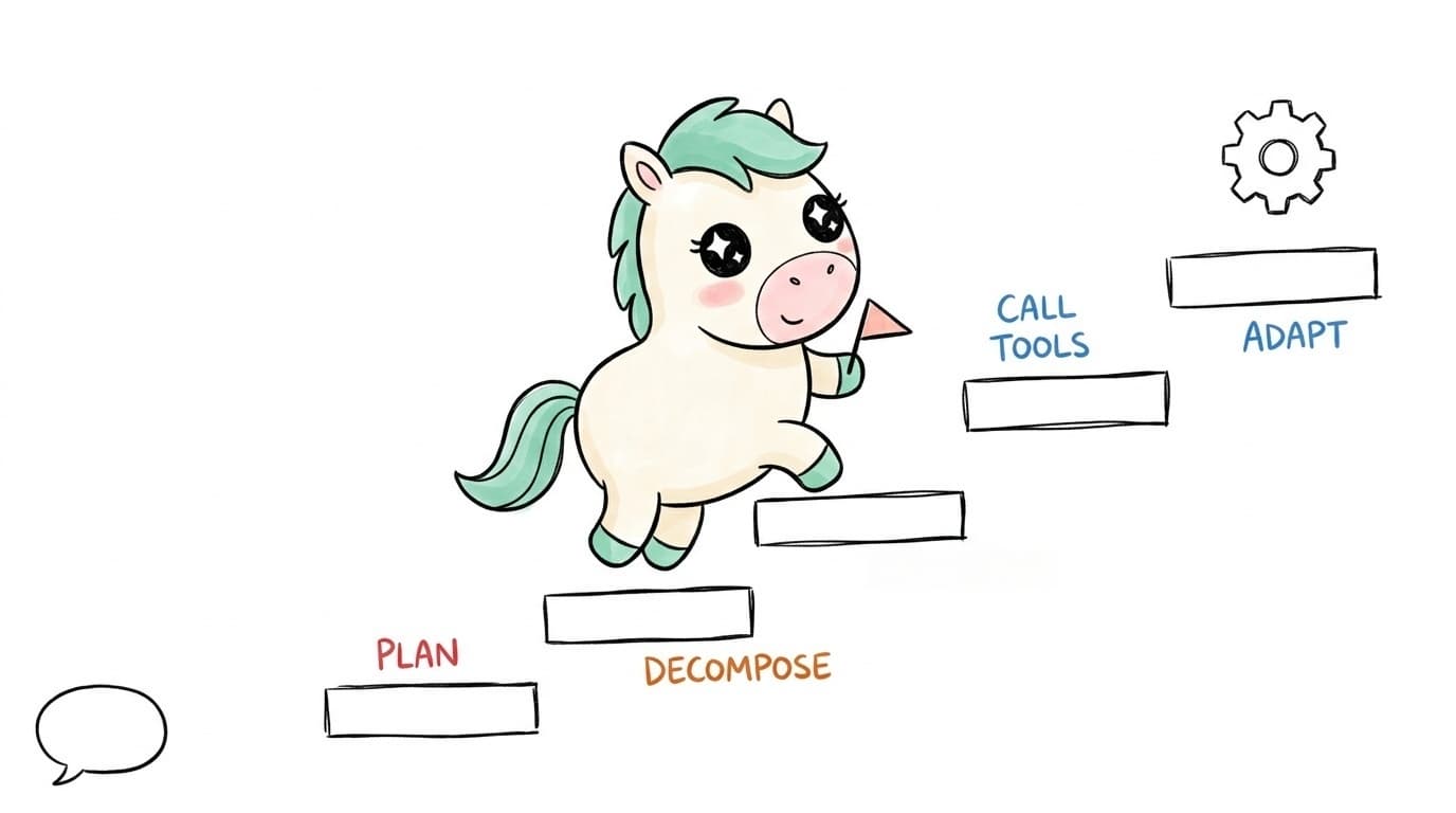 Illustration: the agent loop — understand the goal, decompose, call tools, adapt