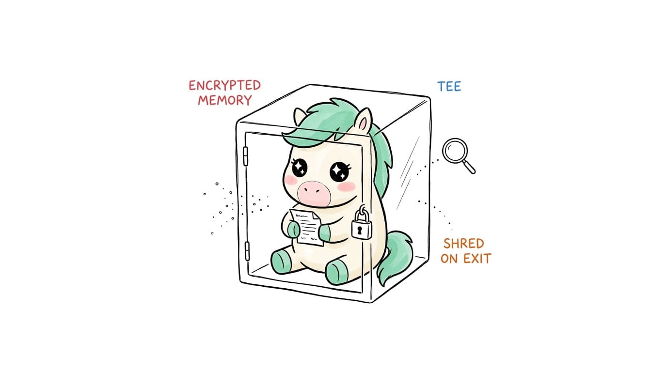 Illustration: encrypted memory, TEE, shredded on exit