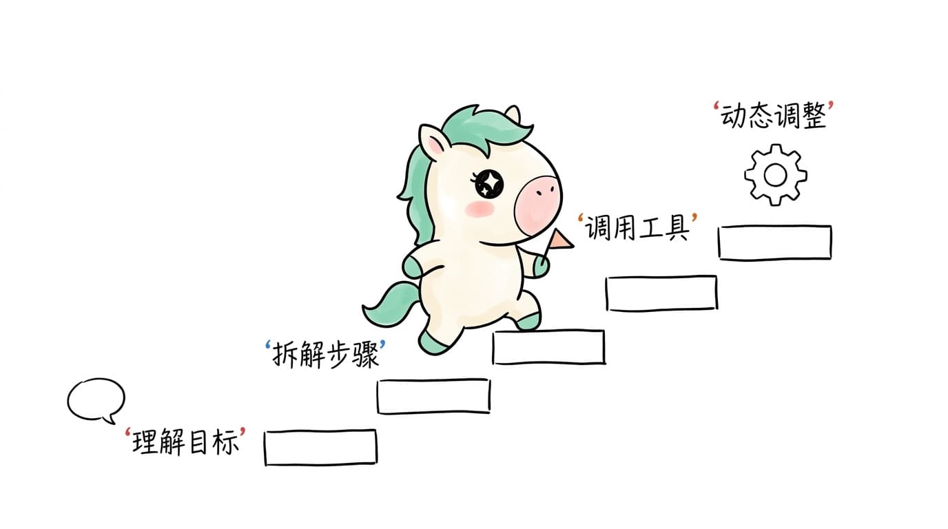 插画：智能体的四步闭环，理解目标、拆解步骤、调用工具、动态调整