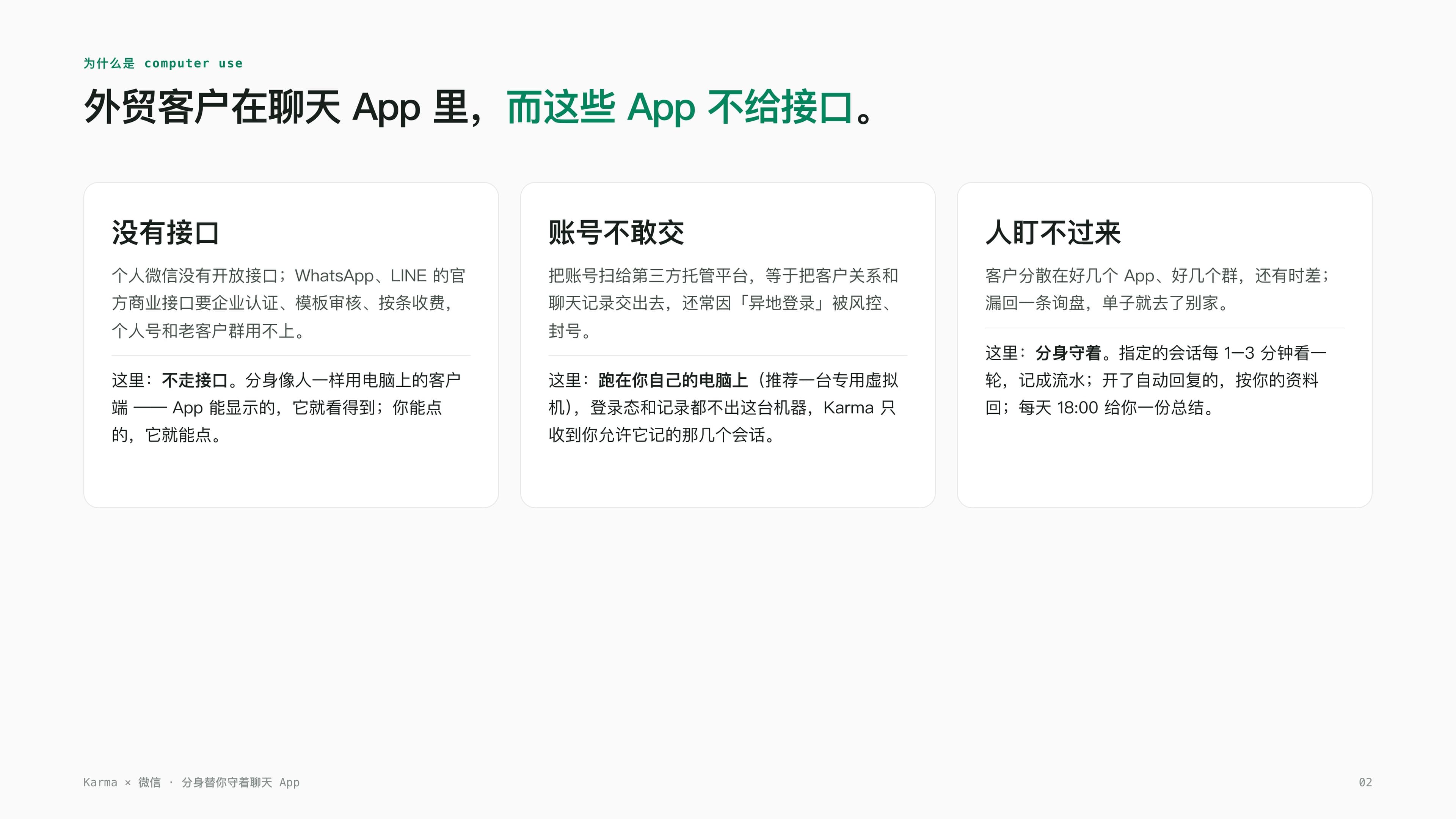 A real screenshot: why computer use — export customers live in chat apps, and those apps don't give out an API, with three cards covering no API, can't hand over the account, and a human can't watch everything, plus how Karma answers each one