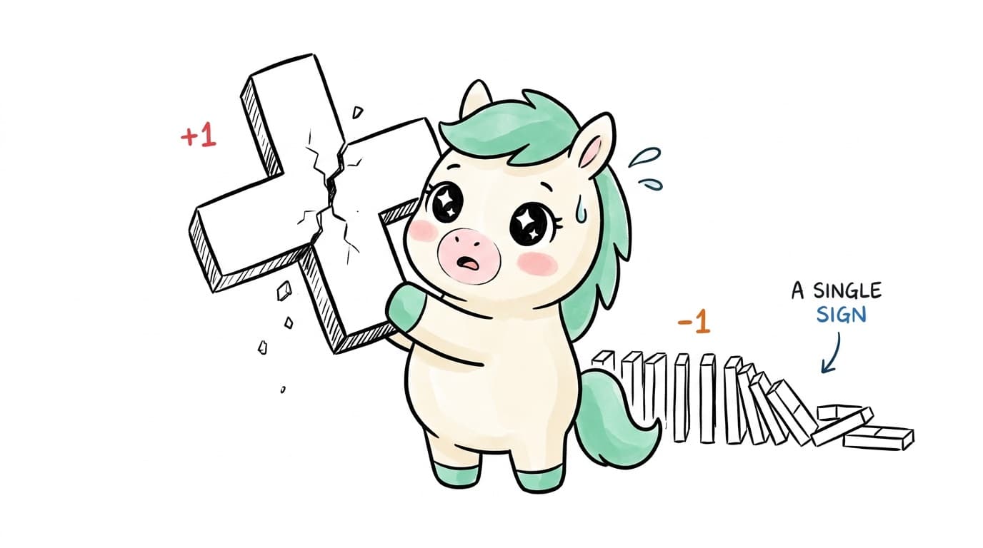 Illustration: the mascot clutches a cracked "+1" block while a row of dominoes topples behind it, captioned "a single sign"