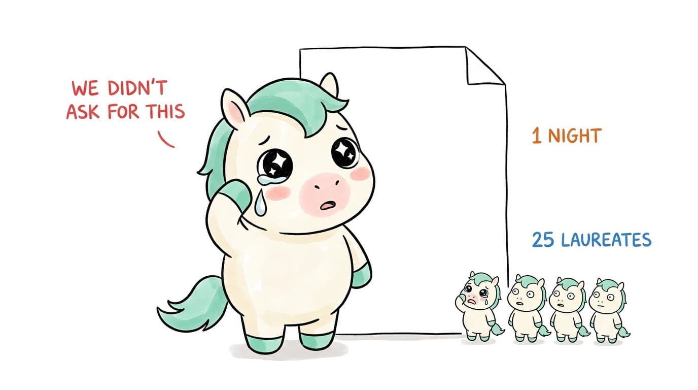 Illustration: the mascot cries, captioned "we didn't ask for this", "1 night", "25 laureates"