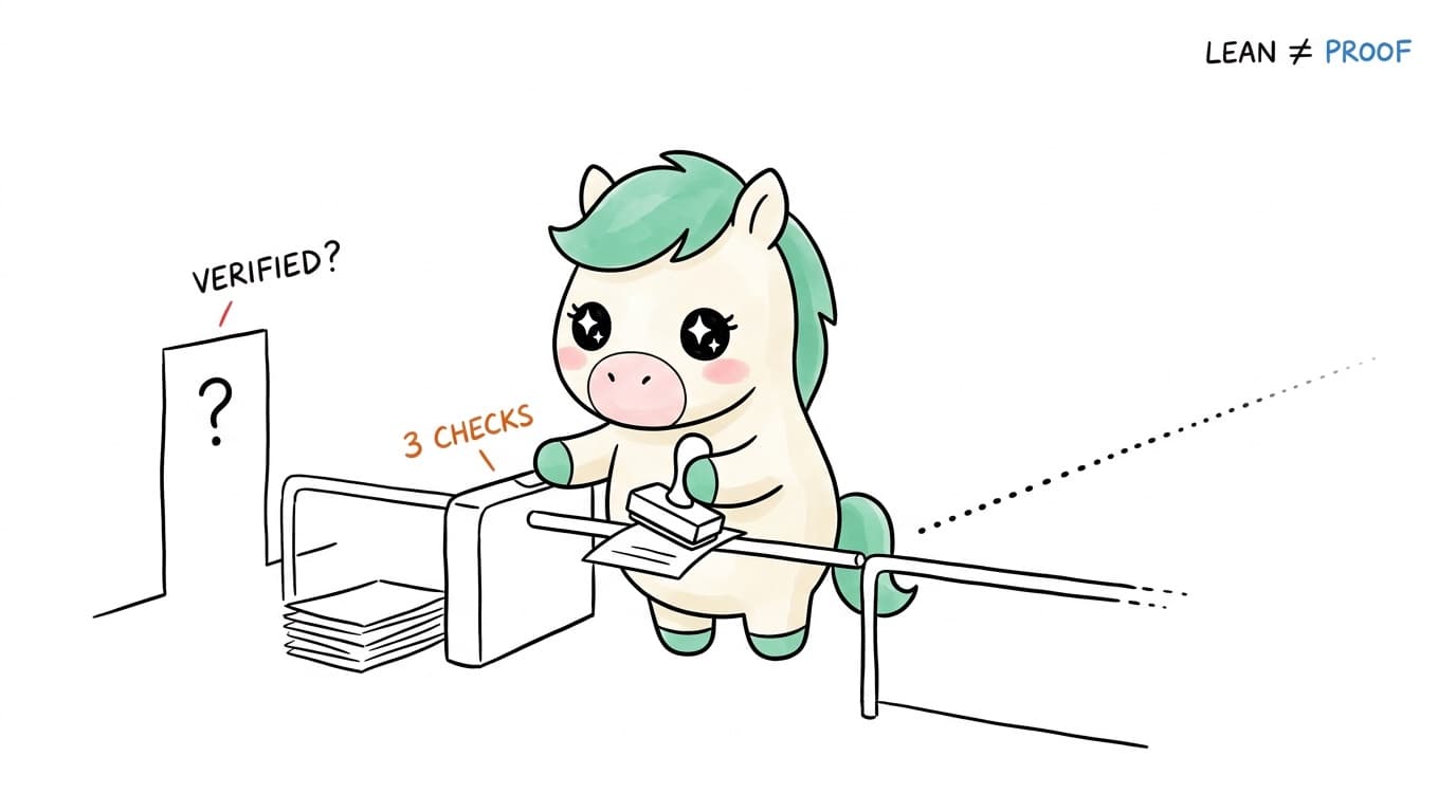 Illustration: the mascot stamps a paper at a checkpoint, captioned "verified?", "3 checks", "Lean ≠ proof"