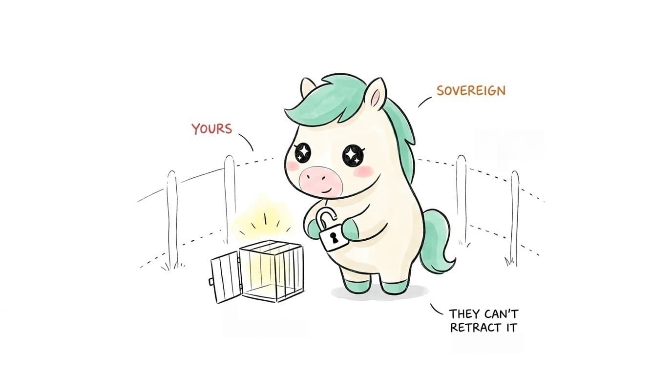 Illustration: the mascot unlocks a glowing box inside a fenced enclosure, captioned "yours", "sovereign", "they can't retract it"