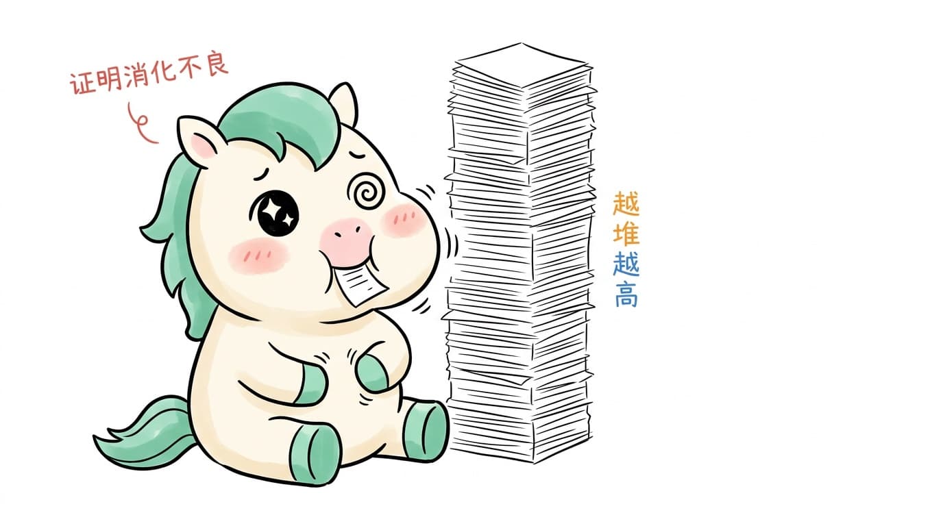 插画:小马瘫坐在地,身后漏斗往嘴里灌论文,写着「证明消化不良」