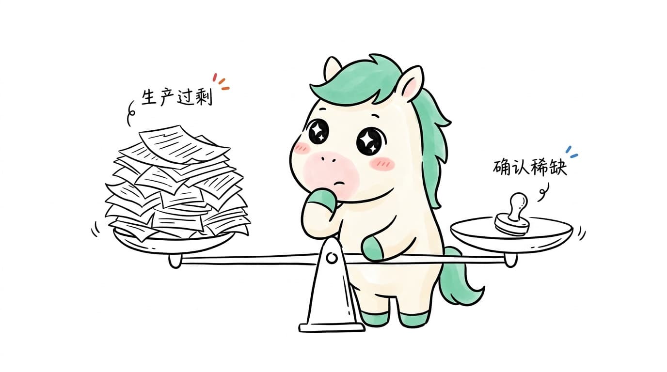 插画:小马站在天平前,一边是「生产过剩」的厚厚一摞纸,一边是「确认稀缺」的一枚印章