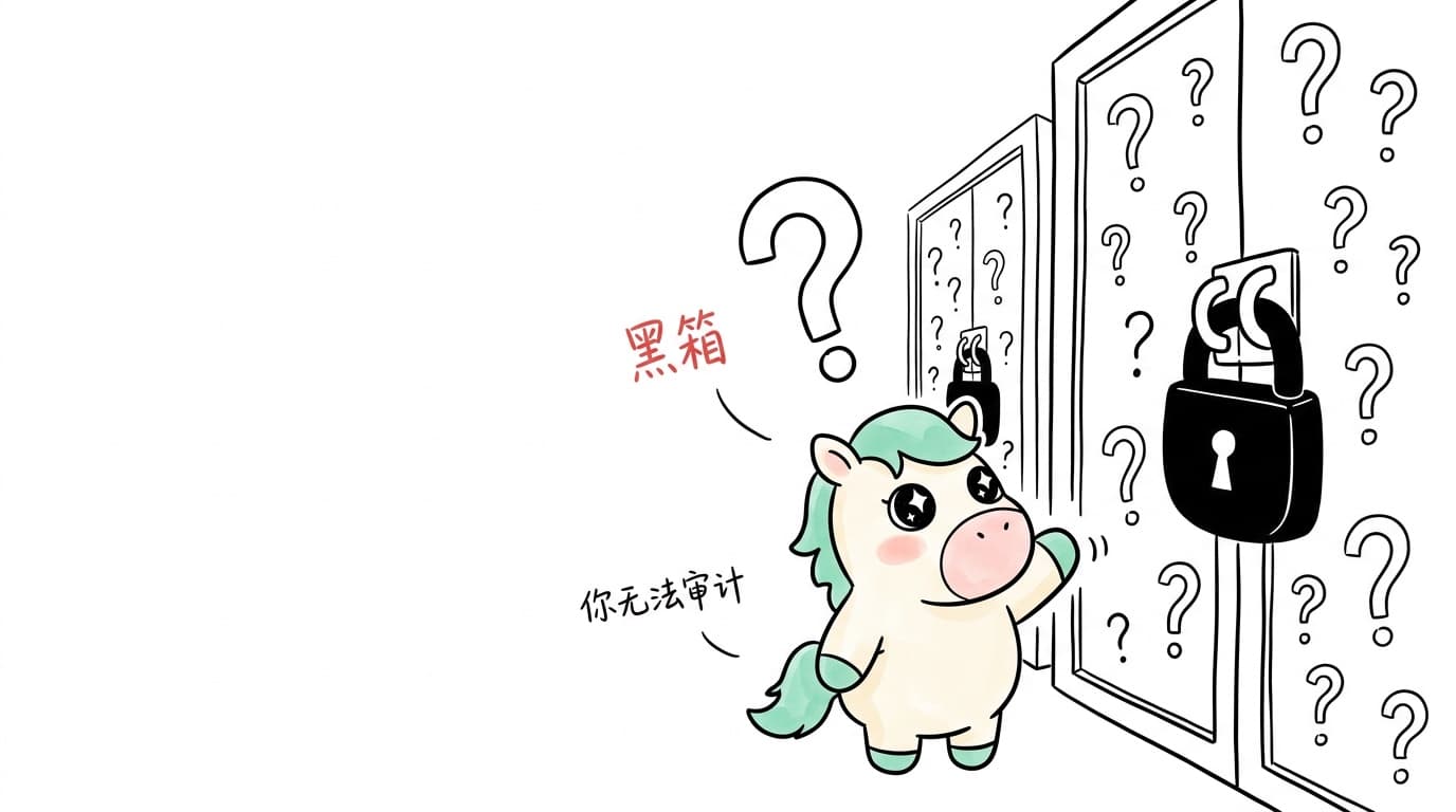 插画:小马伸手去敲一扇锁住的黑箱大门,写着「黑箱」「你无法审计」