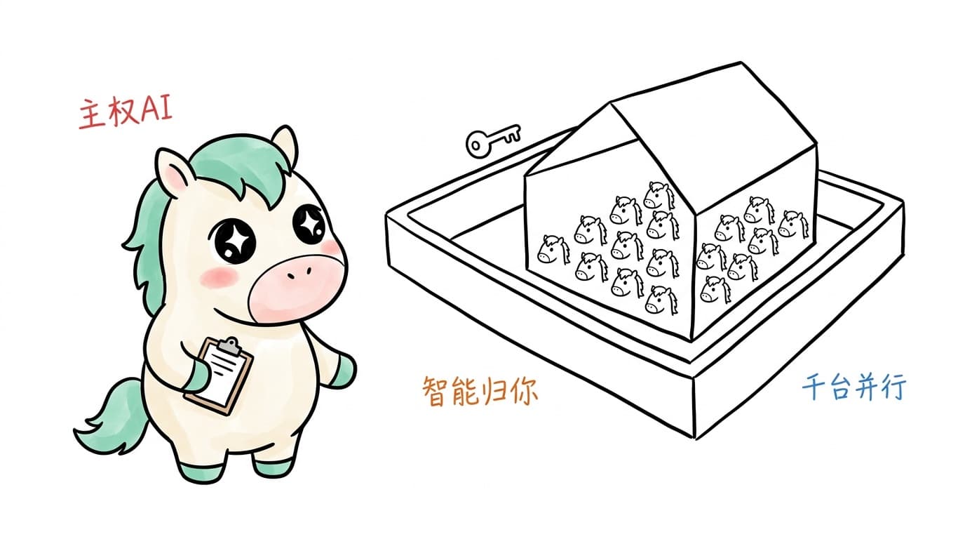 插画:小马手持清单,右侧是千台设备并行组成的房子,写着「主权AI」「智能归你」「千台并行」
