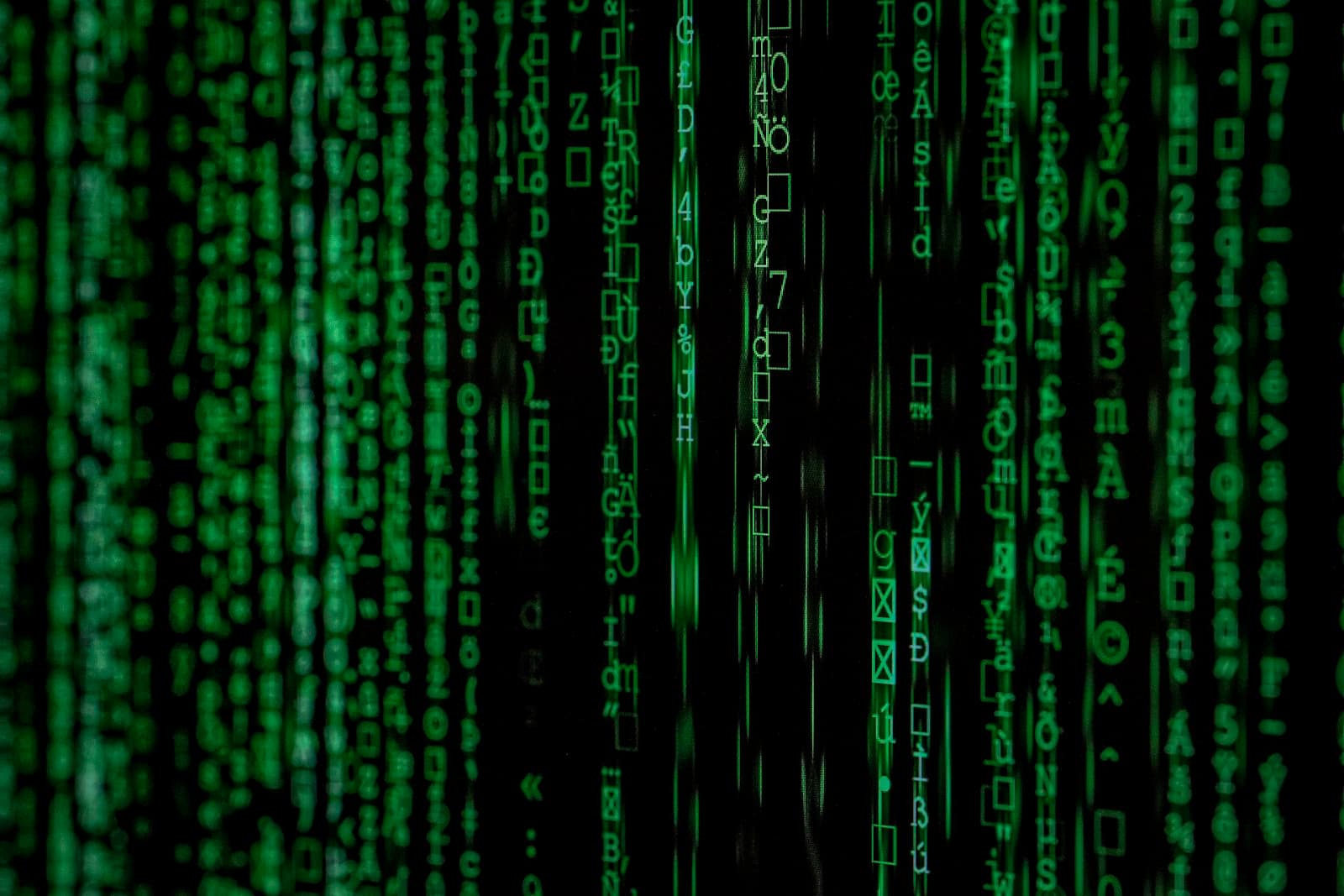 Green matrix-style falling character code