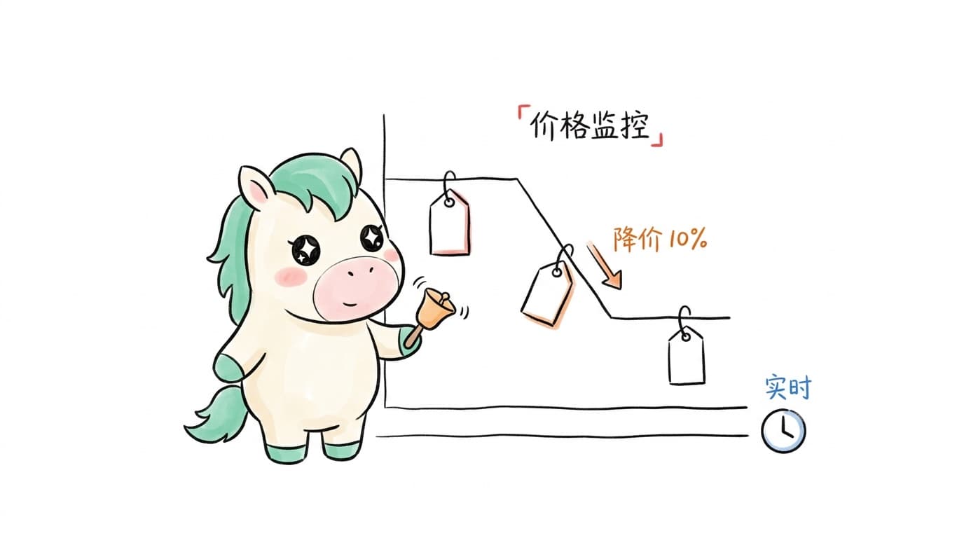 Price monitoring: the mascot watches a multi-channel price curve and rings a bell when a price drops 10%