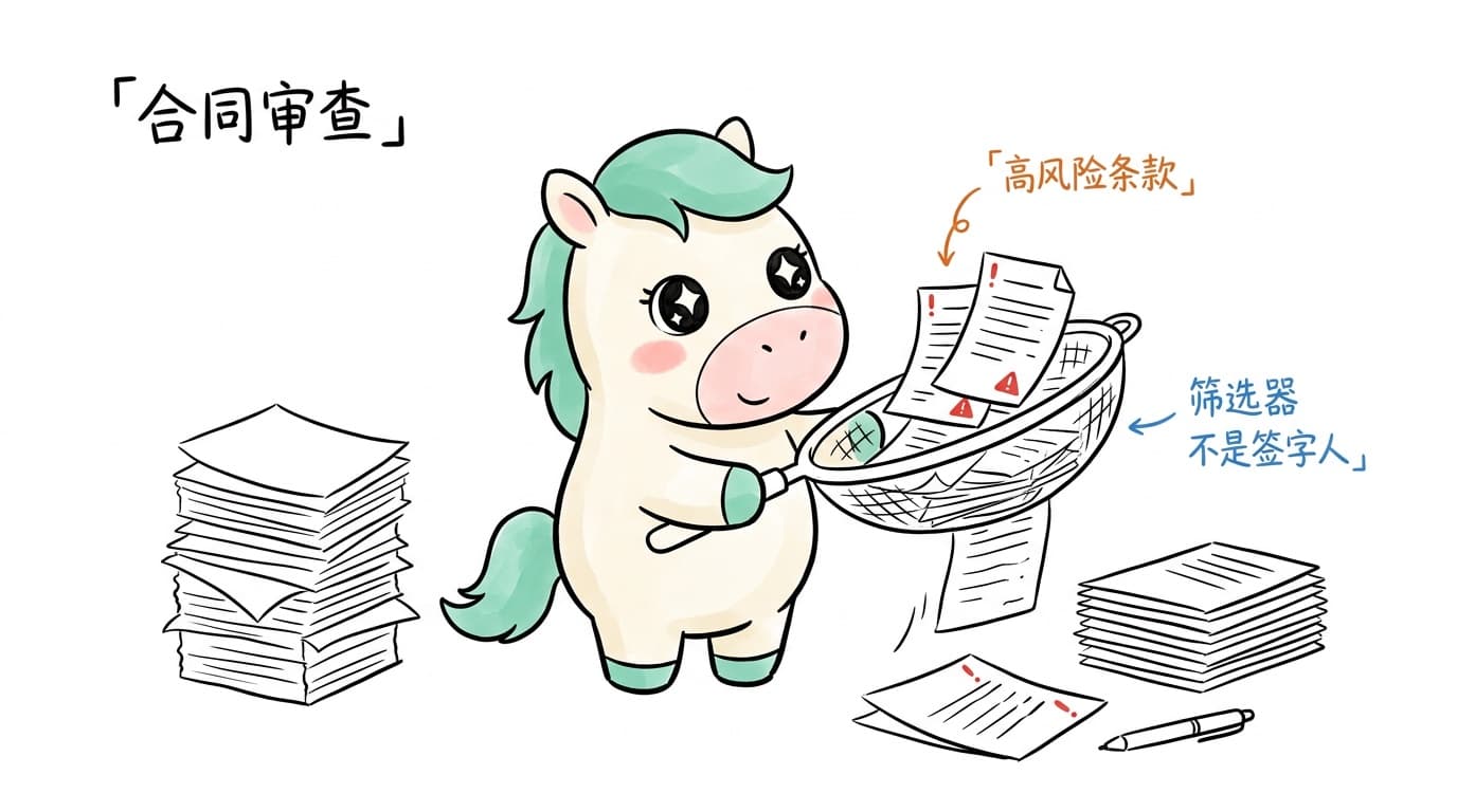 Contract review: the mascot sorts contracts into cleared and high-risk clause piles, annotated filter, not signer