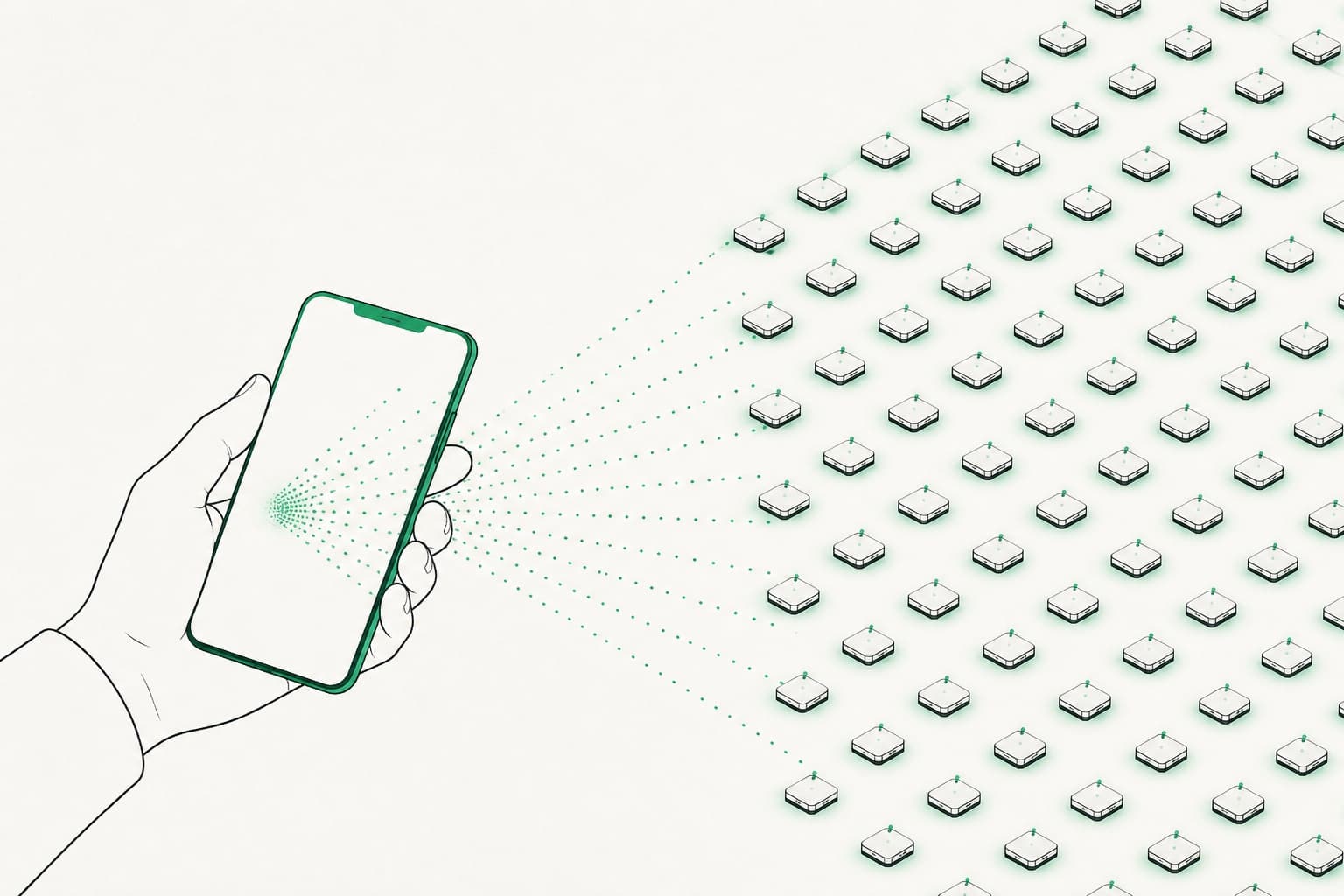 Illustration: one phone broadcasting commands to a whole grid of KarmaBox devices