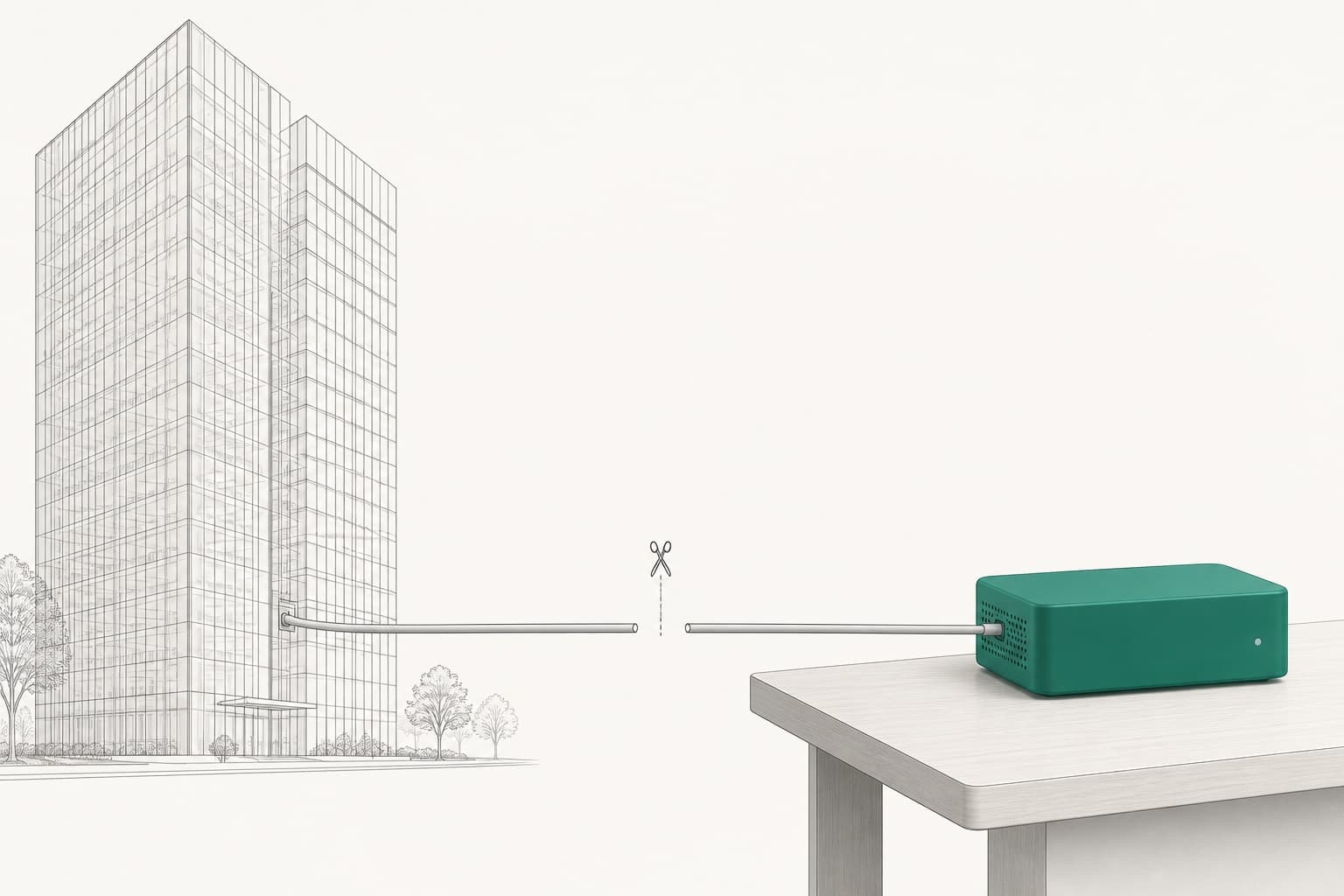 Illustration: a KarmaBox with its cable to a distant office tower being cut